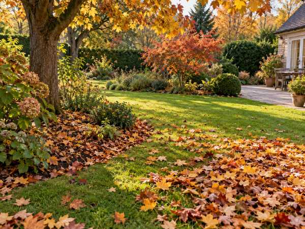 Hojas caídas sobre el césped y los parterres del jardín en otoño Jardín en otoño con hojas caídas sobre el césped y alrededor de árboles y arbustos